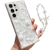 For Samsung Galaxy S23 Ultra Clear Glitter Case,Cute 3D Butterfly Floral Pearl Bling Sparkle Shiny With Wrist Strap Soft Tpu Aesthetic Women Girls Phone Case For Galaxy S23 Ultra 6.8" (Clear)