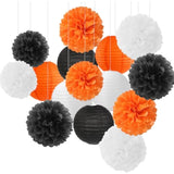 15Pcs Halloween Tissue Pom Poms and Paper Flowers – Orange, Black & White Party Hanging Decorations