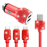 Bling Dual Usb Car Charger With 3-In-1 Multi Fast Charging Cable, Dual Port Charger Adapter With Type C Micro Usb Cord For Iphone, Android, Rhinestones Car Interior Accessories For Women(Red)