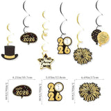 Happy New Year 2026 Black Gold Alphabet Banner Hanging Swirl Party Decor