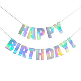 Pre-Strung Holographic Happy Birthday Banner Iridescent White Party Garland