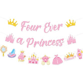 Four Ever A Princess Banner - 3 Pcs Pre-Strung Princess 4Th Birthday Party Decorations Glitter Pink Gold Castle Crown Carriage Ceiling Garland Decor Happy 4 Years Old Party Supplies For Girls
