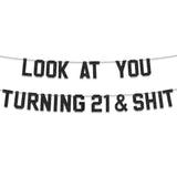 21st Birthday Banner, Black Glitter, "Look at You Turning 21" Party Decor