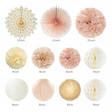 Champagne-Gold Fall Boho Baby Shower 21Pcs Banner, Lanterns, Pom Poms & Garland Decor