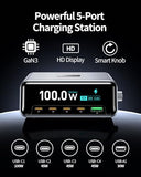 100W 5-Port GaN USB C Charging Station with LCD Smart Display & Control Knob, Desktop Fast Charger for Multiple Devices, Compatible with MacBook,