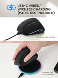 Perimice-715R Wireless Rechargeable Vertical Mouse - Duo Wired And Wireless Charging Feature - 6 Buttons Design - Black - Right-Handed Design