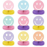 9Pcs Smile Face Honeycomb Centerpieces Preppy Smile Face Table Decorations Happy Pastel Birthday Party Supplies For Colorful Rainbow Birthday Themed Bachelorette Decor Favor