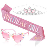 Birthday Girl Sash And Crown & Glasses Set For Women Girls, Birthday Tiara Sash For Women Glitter Pink Happy Birth Day Decorations Party Supplies