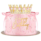 8 Pcs Queen Crown Cake Topper For Women, Happy Birthday Princess Tiaras Headband With Bow Tie Wedding Cake Decorations For Birthday Party Supplies(Gold And Pink)