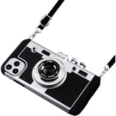 Vintage Camera Phone Case for iPhone 16 with Removable Lanyard Strap, Cute 3D Unique Design Silicone Cover for Girls Kids Women Black