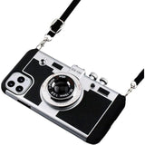 Vintage Camera Phone Case for iPhone 16 with Removable Lanyard Strap, Cute 3D Unique Design Silicone Cover for Girls Kids Women Black