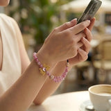 Beaded Phone Wrist Strap Gold Butterfly Charm Vintage Enamel Filigree Beads Chalcedony Beaded Lanyard for iPhone (Pink)