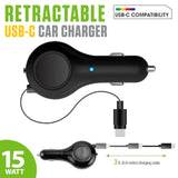 Cellet Retractable USB-C Car Charger – 15W Fast Charging, 3.3ft Cable, 3A Output, Blue LED Indicator – Compatible with Apple iPhone 15/16 Series & Samsung Android USB-C Devices – Compact, Tangle-Free