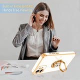 For Iphone 12 Case With 360° Rotatable Ring Holder Magnetic Kickstand, Shiny Plating Gold Edge, Slim Soft Tpu Shockproof Protective Cover For Women, Men, White
