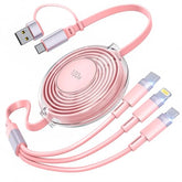 3-In-1 Retractable Multi Charging Cable, 100W Fast Charging Usb-C/A To Lightning/Usb-C/Micro Usb For Iphone 16, 15, 14 Pro Max, Samsung Galaxy, Kindle, Travel Charger For Multiple Devices (Pink)