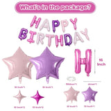 Happy Birthday Balloons, Pink Purple Happy Birthday Banner Balloon, 16 Inch Foil Letter Balloons With 8 Pcs Purple Pink Star Balloon For Women Girls Birthday Party Decoration