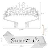 Birthday Crown And Sweet 16 Sash Glitter Kit For Girls - Silver Metal Costume Circlet, Gold Shiny Cloth Sash With Pearl Pin - 16Th Birthday Party Supplies And Favors