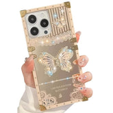 Cute Compatible With Iphone 16 Pro Max Case With Luxury Bling Glitter Butterfly Foldable Stand Kickstand,Girly Soft Pc Mirror Bumper Protective Cover For Women & Girls(Light Gold)