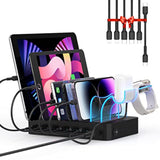 6-Port Pd Charging Station For Multiple Devices, 20W Pd Usb C Fast Charging For Lphone 14/13/12,6 Short Cables Included, 2 In 1 Holder,For Phones,Tablets And Others,Black