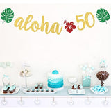 Aloha 50 Banner, Hawaiian 50Th Birthday Decorations, Aloha Party Decorations, Tropical Luau Birthday Party Decorations, Palm Leaf Decorations Gold Green Glitter