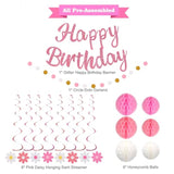 Birthday Decorations, No Diy, Pre-Strung Happy Birthday Banner With Honeycomb Balls, Hanging Swirls, Circle Dots Garland, Happy Birthday Party Decorations For Women Men Boys Girls (Pink)