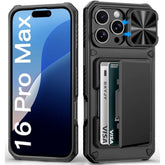 For Iphone 16 Pro Max Case Wallet, Built-In Card Holder (4-5 Cards), Slide Lens Cover, Military Drop Protection, Rugged Heavy Duty Men Women Protective Phone Case For Iphone 16 Pro Max, Black