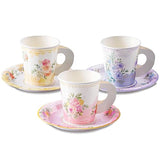 24 Paper Tea Cups And Plates, 7 Oz Disposable Paper Teacups And Saucer Sets For Hot And Cold Drinks For Birthday, Princess, Floral, Tea Party Decorations
