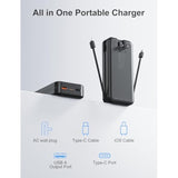 20000Mah Ultra-Portable-Charger-Power-Bank With Built In Cables&Ac Wall Plug,Pd20W Usb-C Fast Charging Cell Phone Charger Battery Pack,Led Display Travel Battery Bank For All Iphone,Samsung,Android
