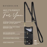 Bandolier Emma Crossbody Wallet Phone Case for iPhone 16 Pro. 100% Genuine Pebble Leather. Adjustable & Removable Crossbody Strap. Card Holder with Snap Closure. Black with Gold Hardware