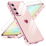 For Galaxy S24Fe Case: Tempered Glass Screen Protector 2 Pcs,Full Camera Lens Protection, Love Heart Plating Luxury Shockproof Phone Case Funda Para Samsung S24Fe 5G, Pink