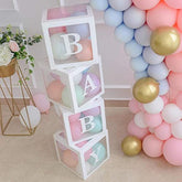 Baby Shower Decor – 4 Transparent Balloon Boxes with BABY Letters for Gender Reveal