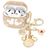 (With Cute Keychain) Compatible With Apple Airpods 4 Case 2024 Women, Soft Silicone Two-Tone Funny Cartoon Engraved Portable 360° Full Protection Anti-Scratch Air Pod 4 Case Khaki/White