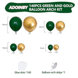 140pcs Green & Gold Balloon Garland Kit – Emerald, Forest, Hunter for Party and Event Decor