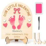 3D Baby'S First Valentine Footprint Or Handprint Art Sign Craft, Our Little Valentine Pink Bow Diy Wooden Hanging Decoration, Newborn Keepsake Gift For Valentine'S Day Photo Prop Nursery Decor