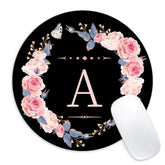 Letter A Black And Pink Flowers Round Mouse Pad,Funny Small Mouse Pad With Non-Slip Rubber Base,Mouse Mat,Home Office Decor Desk Accessories,8.7Inch Round Mouse Pad