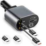 Super Fast 4-In-1 Retractable Dual C Type Car Charger | Pd30W Charger For Multiple Devices | 82 Cm Long, Flexible,Universal & Compact Design | Compatible For Iphones, Samsung & Android Devices