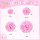 20 Pcs Pink Tissue Paper Pom Poms, Tissue Pom Poms Flowers, Sizes Of 6", 10", 12", 14" Hanging Paper Flower Ball For Wedding, Birthday, Valentine'S Day, Baby Shower Party Decor