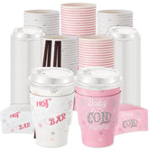 50 Sets 16 Oz Winter Baby Shower Party Coffee Cup Sets, Baby It'S Cold Outside Snowflake Hot Cocoa Bar Paper Cups With Lids, Sleeves Stirrers For Christmas Birthday Decoration(Pink And White)