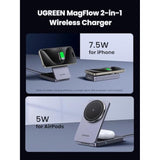 UGREEN MagFlow MagSafe Charger for iPhone 16, Qi Wireless Charger Stand, 2-in-1 Mag Safe Charger Stand Compatible with iPhone 17/17 Air/17 Pro/17 Pro Max/16/15/14/13/12 Series, AirPods 3/2/Pro