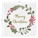 Christmas Napkins 100 Pack – Disposable Paper Beverage Cocktail Napkins With Gold Merry Christmas Wreath For Holiday Party Decor