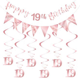19Th Birthday Decoration Kit, Happy 19Th Birthday Banner Bunting Swirls Streamers, Triangle Flag Banner For Birthday Party Decorations Supplies Rose Gold 19Th