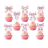 32Pcs Pink Bow Cupcake Toppers Girls Pink Bow Cupcake Picks Cake Decorations For Baby Shower Wedding Birthday Party Supplies