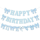 Pre-Strung Blue Bow Decorations Glitter Happy Birthday Banner Bow Garland Party Decorations For Girls Women Birthday Party (Blue)