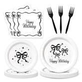 Black Bow Birthday Party Supplies – 96pcs Elegant Tableware Set with Plates, Napkins & Forks