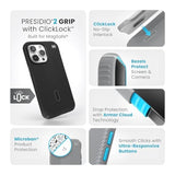 Speck iPhone 15 Pro Max Case - ClickLock No-Slip Interlock, Built for MagSafe, Drop Protection Grip - Scratch Resistant, Soft Touch, 6.7 Inch Phone Case - Presidio2 Grip Black/Slate Grey/White