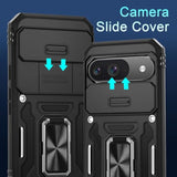 Case For Google Pixel 9/9 Pro With Slide Camera Cover+Screen Protector(1 Pack), Rotated Ring Kickstand Military Grade Shockproof Protective Cover-Black