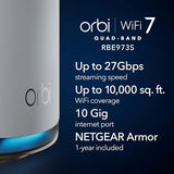 Orbi 970 Series Quad-Band Wifi 7 Mesh Network System (Rbe973S), Router + 2 Satellite Extenders, Security Features, Up To 27Gbps, Covers Up To 10,000 Sq. Ft., 200 Devices, 10 Gig Internet Port