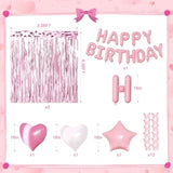 Pink Birthday Decorations For Women Girls, Metallic Pink Pearl White Confetti Foil Balloons Happy Birthday Banner Butterfly Fringe Curtains For Birthday Party Supplies