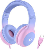Wired Kids Headphones with USB C Plug, 85dB Safe Volume, Adjustable Headband, Tangle-Free Cord Headphones for School, Tablet, Travel (Light Purple &