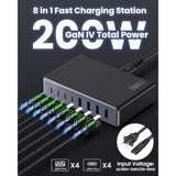 200W Usb C Charger Block,Gan Iv Charging Station 8 Ports,Qc4.0 Fast Charging Station Hub+Pd 65W Usb C Laptop Charger Adapter Compatible With Macbook Air/Pro,Dell,Iphone 16/15,Ipad,Steam Deck-Black
